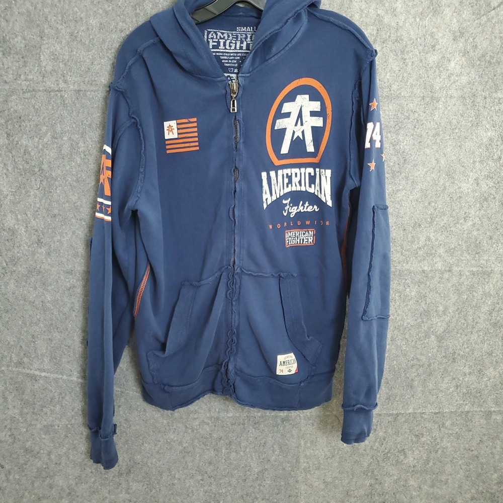 AMERICAN FIGHTER Men's Blue Hooded Zip Up Hoodie Premium Athletic Size Small